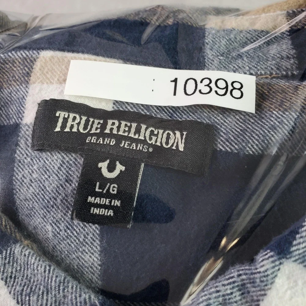 True Religion Shirt Mens Large Blue Plaid Flannel Button Up Long Sleeve Casual